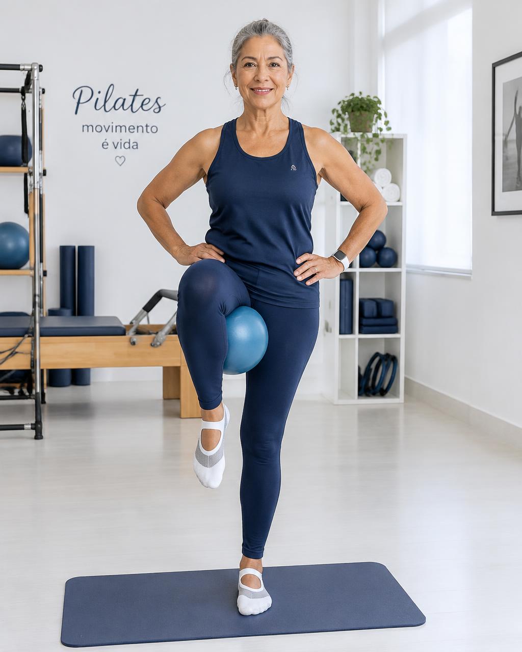Mulher se equilibrando em uma perna com bola pequena