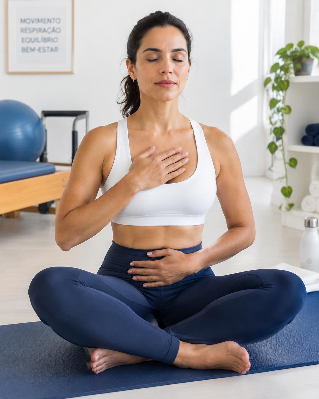 Mulher sentada respirando com calma sobre o tapete